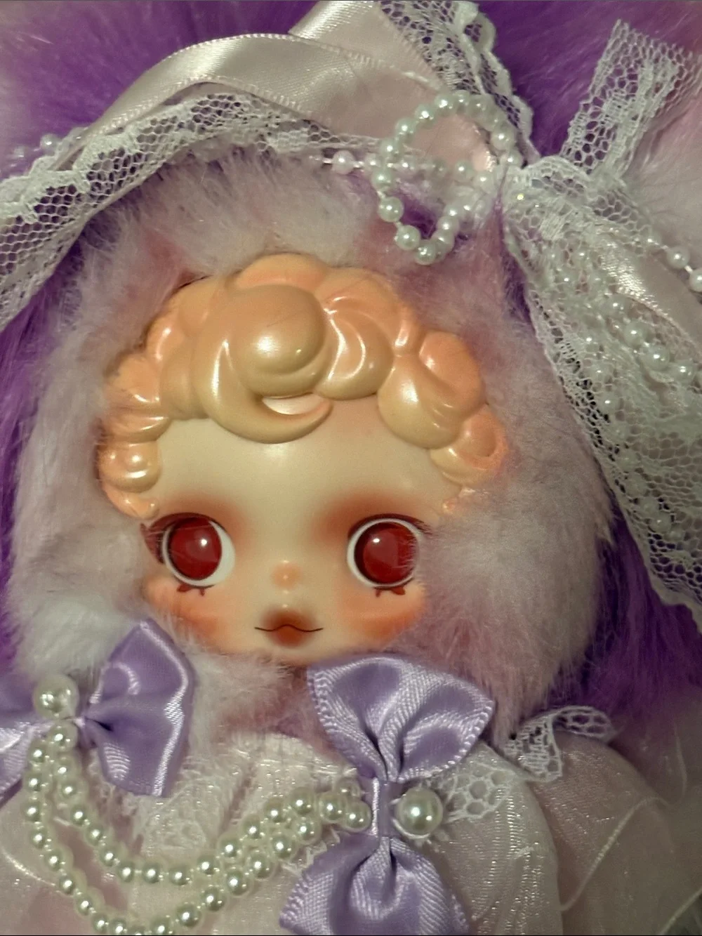 Custom Skull Panda Plush Bunny Pendant - Pink & Purple Faux Fur
